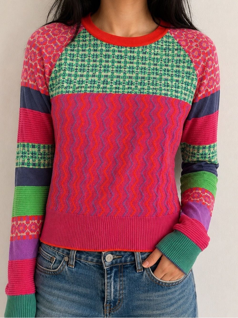 Desigual x Christian Lacroix Colorful Fine Knit Crewneck Sweater Y2K S